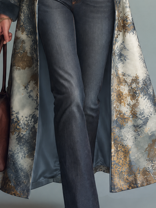 Elegant Blue-Gray Print Fur-Trim Maxi Coat