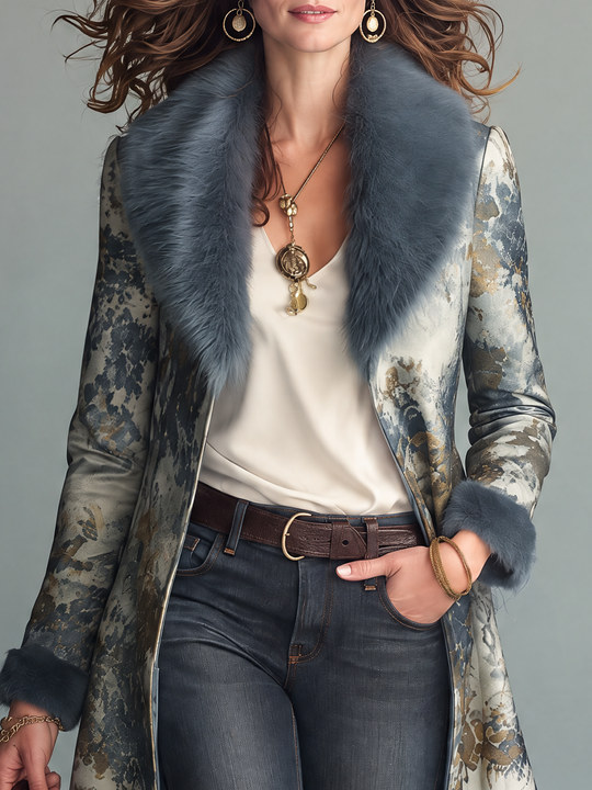 Elegant Blue-Gray Print Fur-Trim Maxi Coat