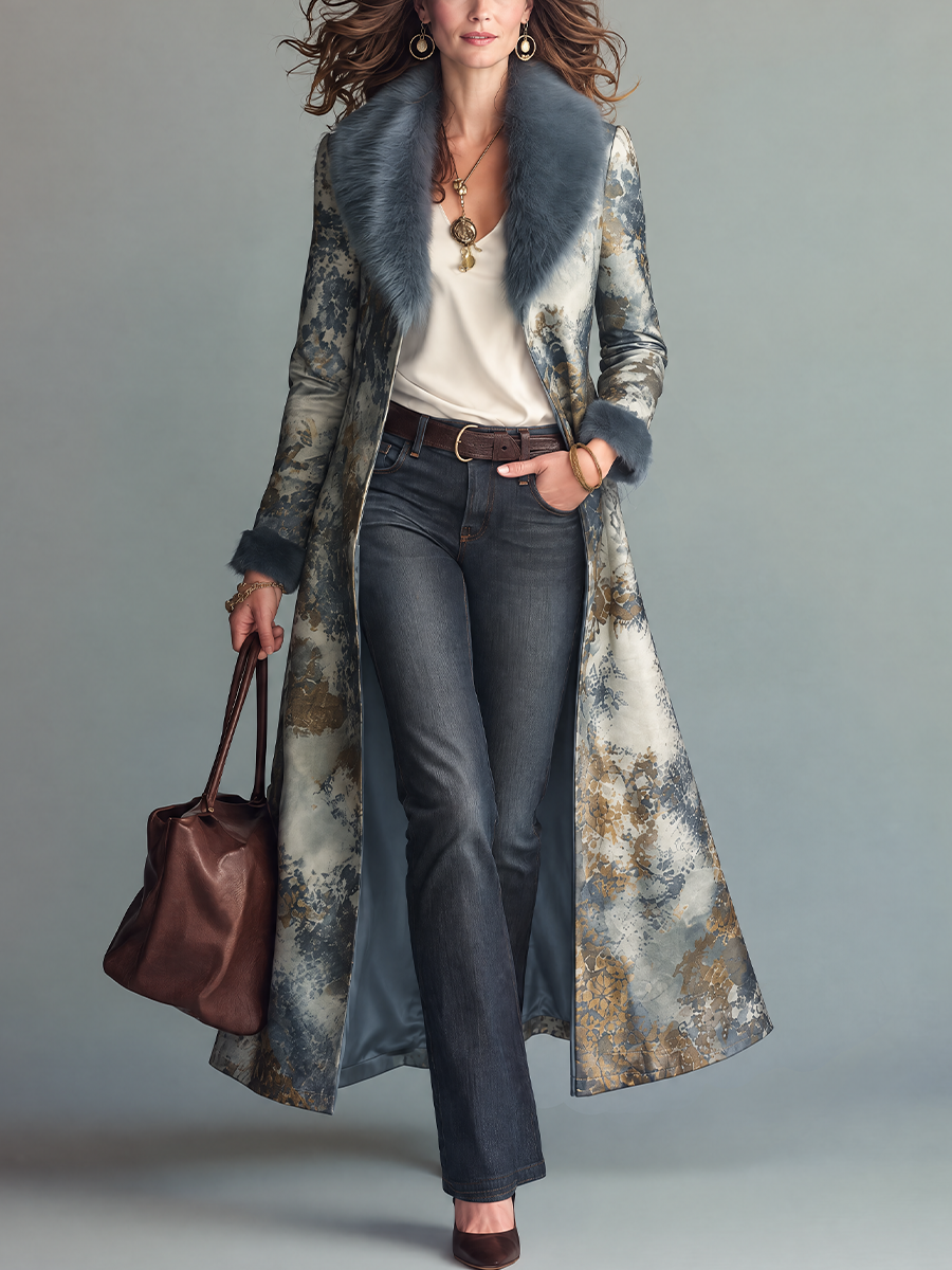 Elegant Blue-Gray Print Fur-Trim Maxi Coat