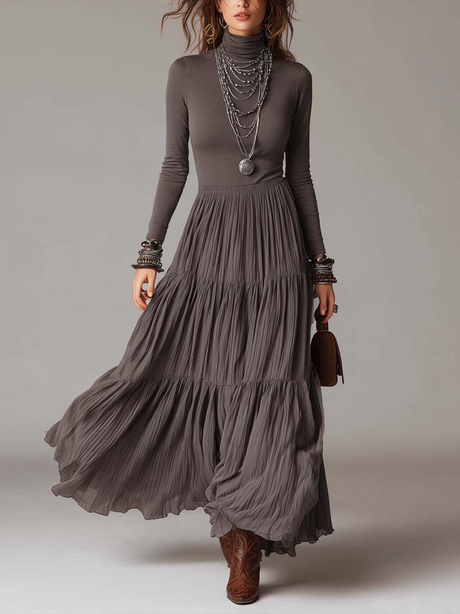 Soft High-neck Pleated Skirt Maxi Dress