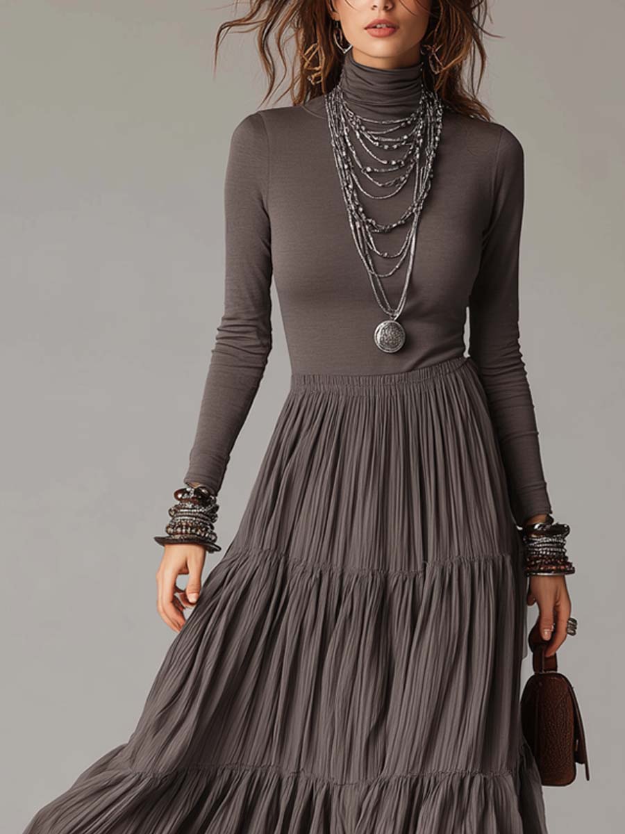 Soft High-neck Pleated Skirt Maxi Dress