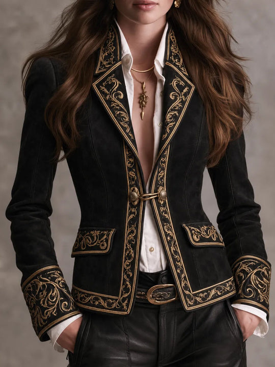 Retro Baroque Black Suede Military Coat Gold Scroll Embroidery Trim