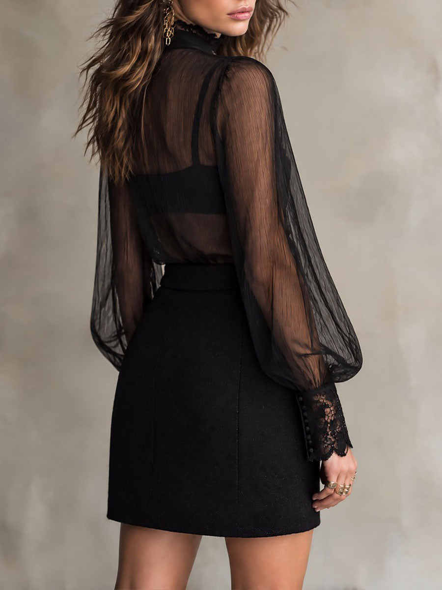 Boho Sheer Chiffon Lace Cuff Trim Blouse With Detachable Bow