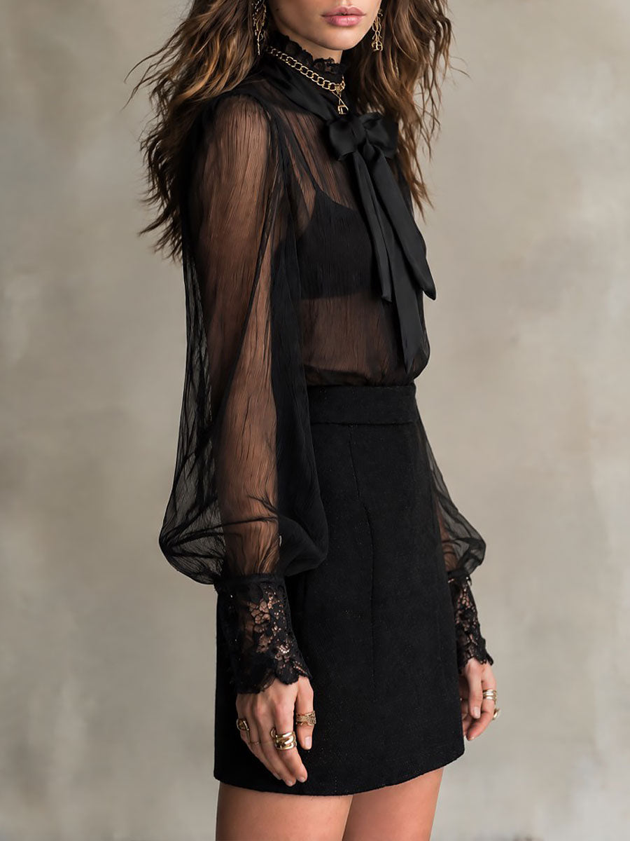 Boho Sheer Chiffon Lace Cuff Trim Blouse With Detachable Bow