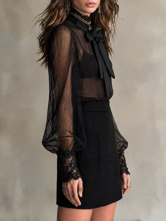 Boho Sheer Chiffon Lace Cuff Trim Blouse With Detachable Bow