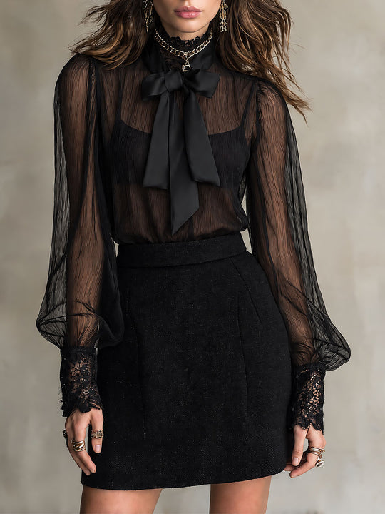 Boho Sheer Chiffon Lace Cuff Trim Blouse With Detachable Bow