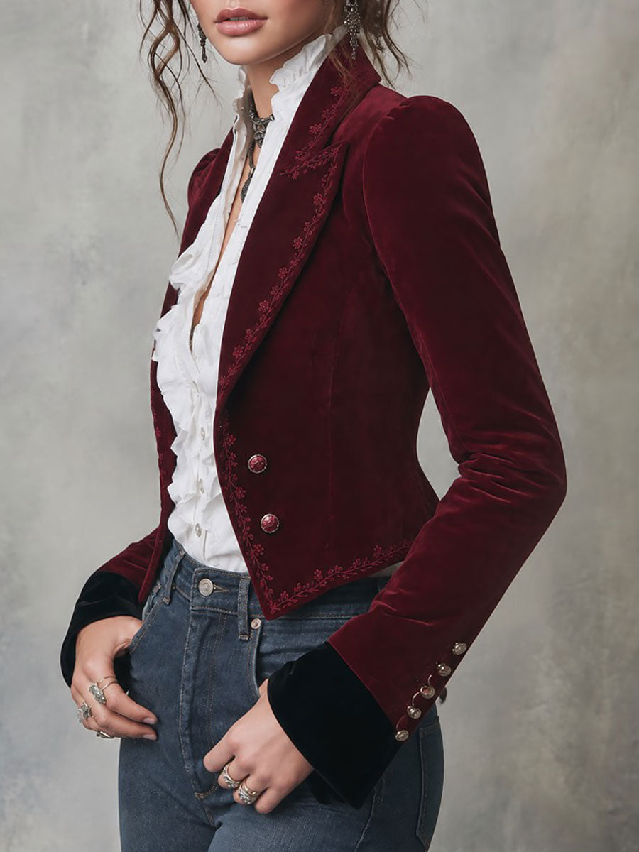 Quiet Luxury Velvet Embroidered Fitted Blazer With Peak Lapel