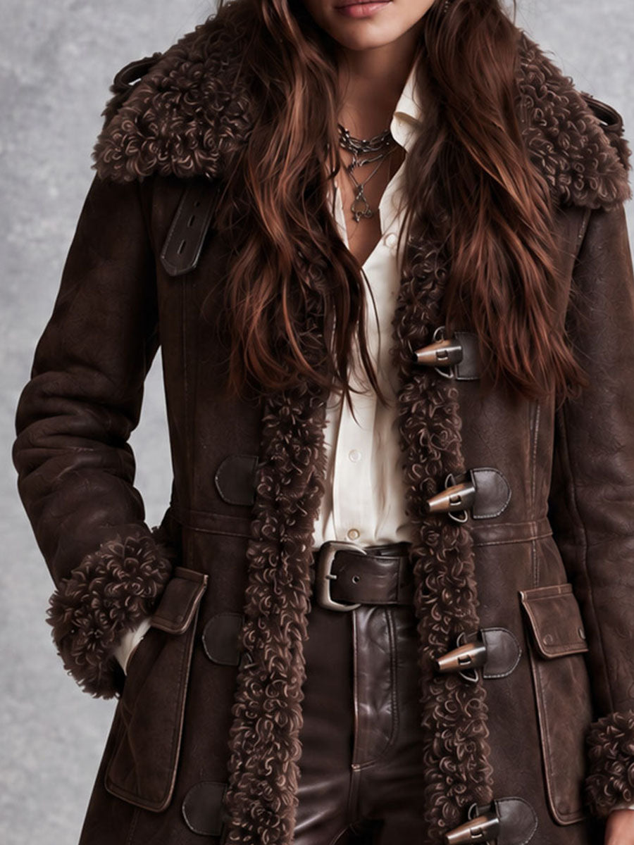 Boho Western Microsuede Toggle Button Shearling Coat With Fur Collar Cuffs