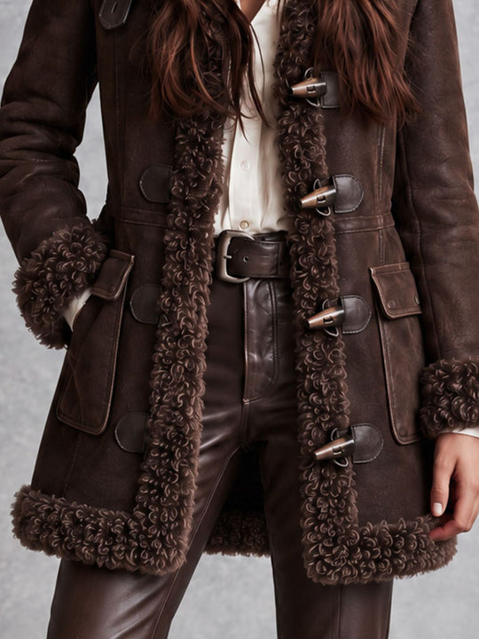 Boho Western Microsuede Toggle Button Shearling Coat With Fur Collar Cuffs