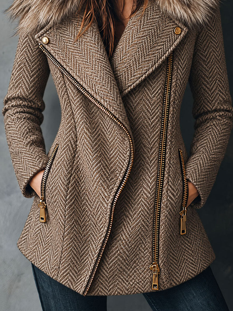 Retro Herringbone Tweed Oversized Faux Fur Collar Coat With Asym Zip