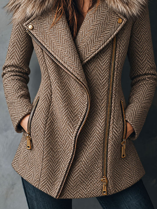 Retro Herringbone Tweed Oversized Faux Fur Collar Coat With Asym Zip