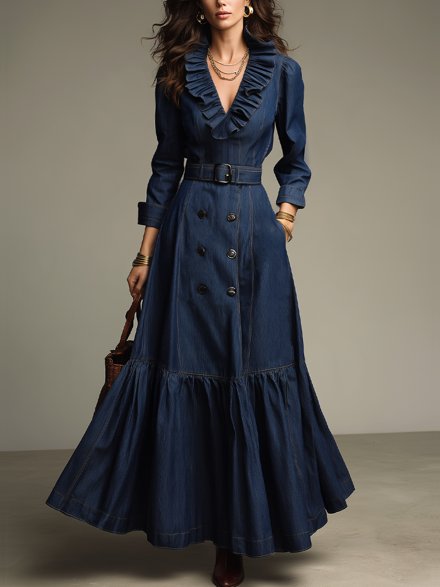 Romantic Indigo Ruffle Belted Denim Maxi Dress