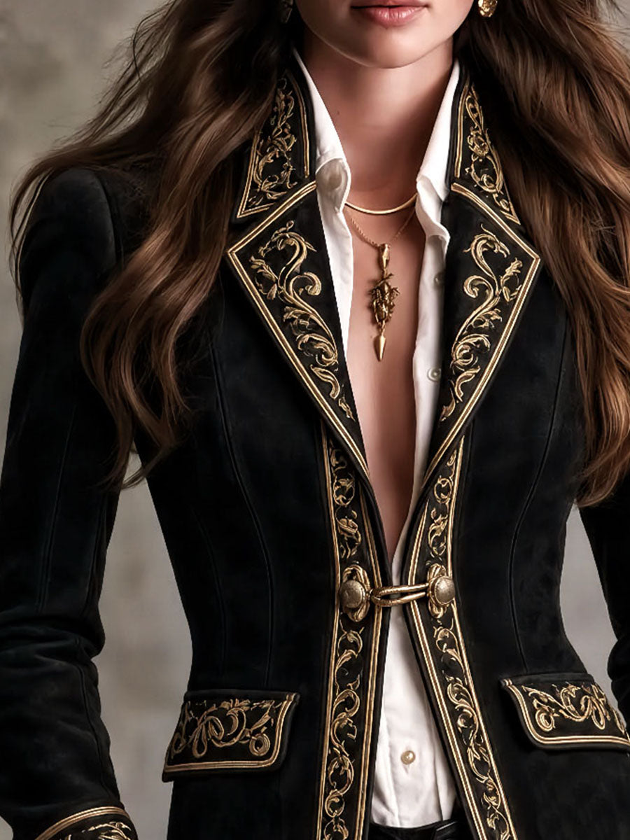 Retro Baroque Black Suede Military Coat Gold Scroll Embroidery Trim