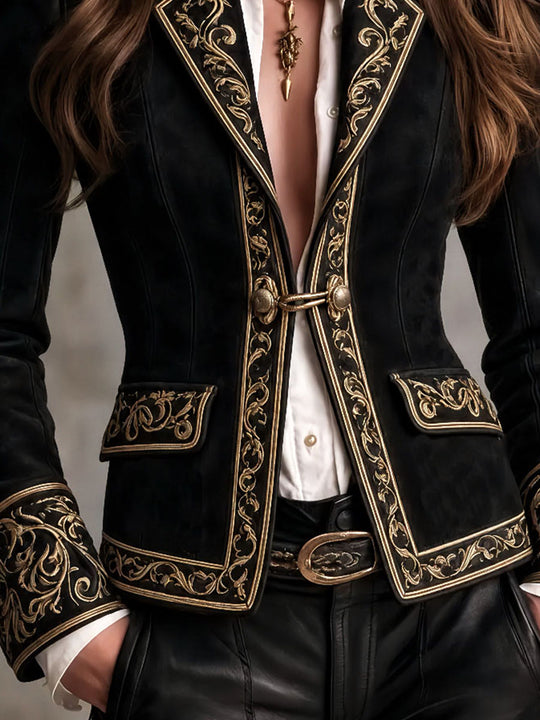 Retro Baroque Black Suede Military Coat Gold Scroll Embroidery Trim
