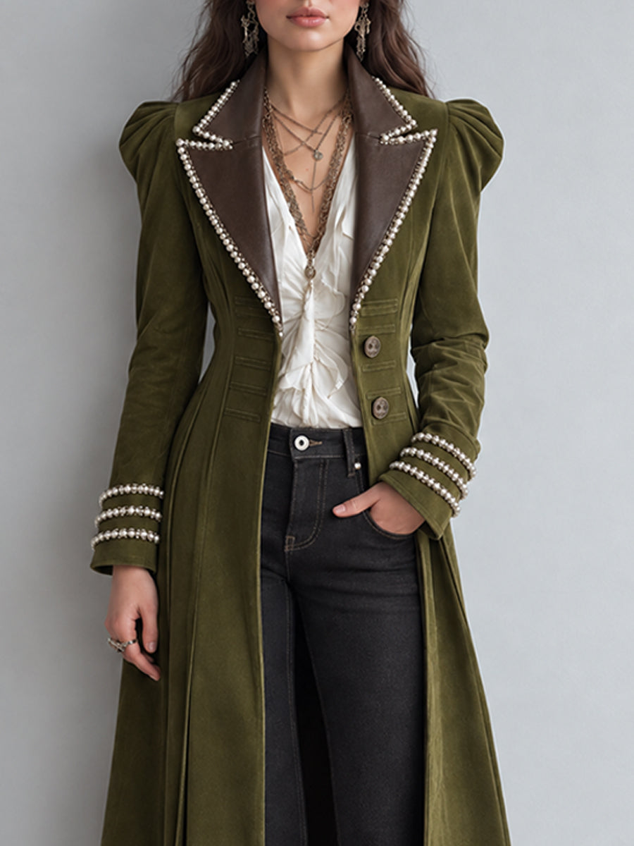 Vintage Bohemian Faux-Suede Pearl-Trimmed Long Coat
