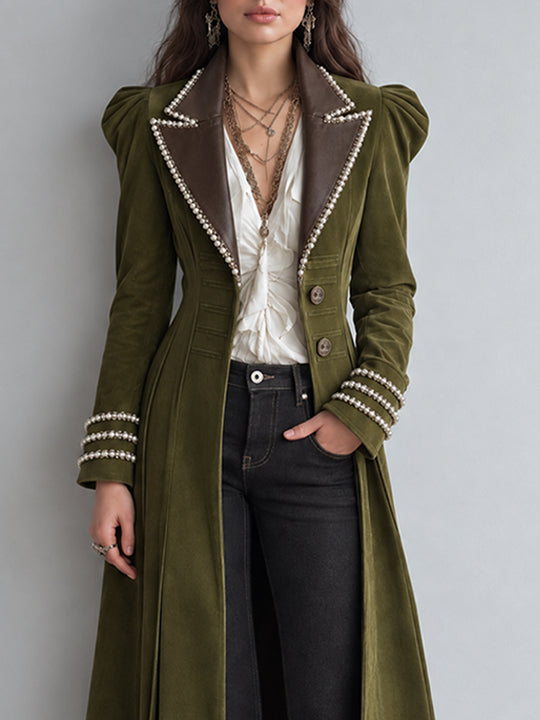 Vintage Bohemian Faux-Suede Pearl-Trimmed Long Coat