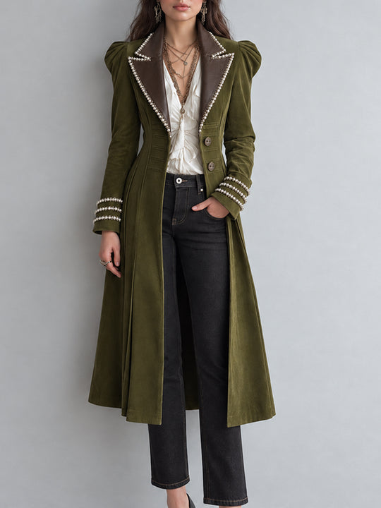 Vintage Bohemian Faux-Suede Pearl-Trimmed Long Coat