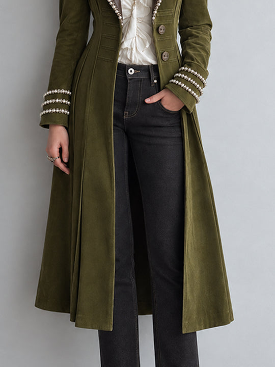 Vintage Bohemian Faux-Suede Pearl-Trimmed Long Coat