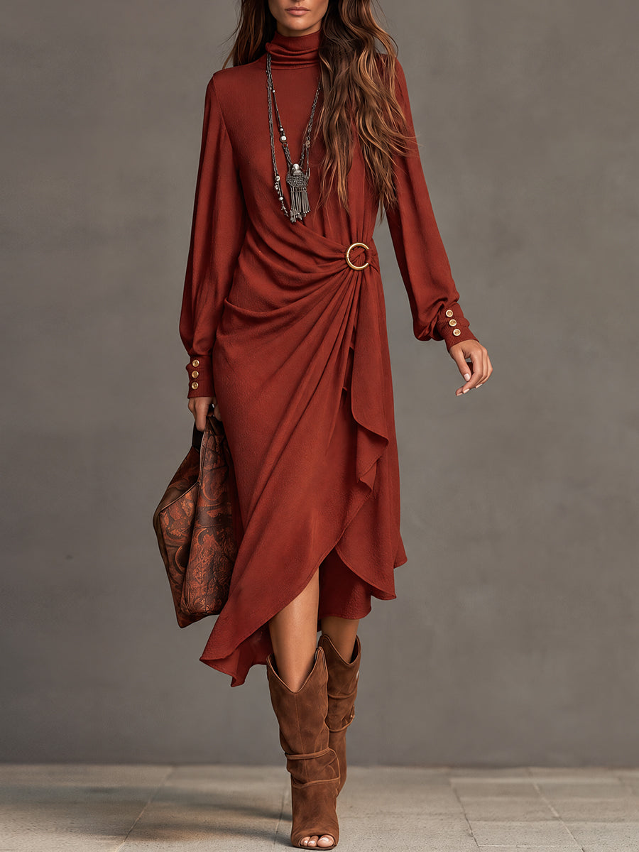 Rust Bohemian Draped Buckle-Waist Dress