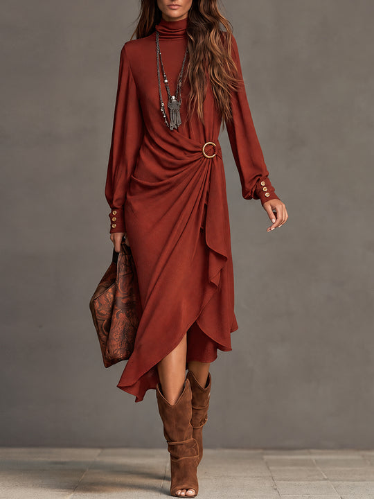 Rust Bohemian Draped Buckle-Waist Dress