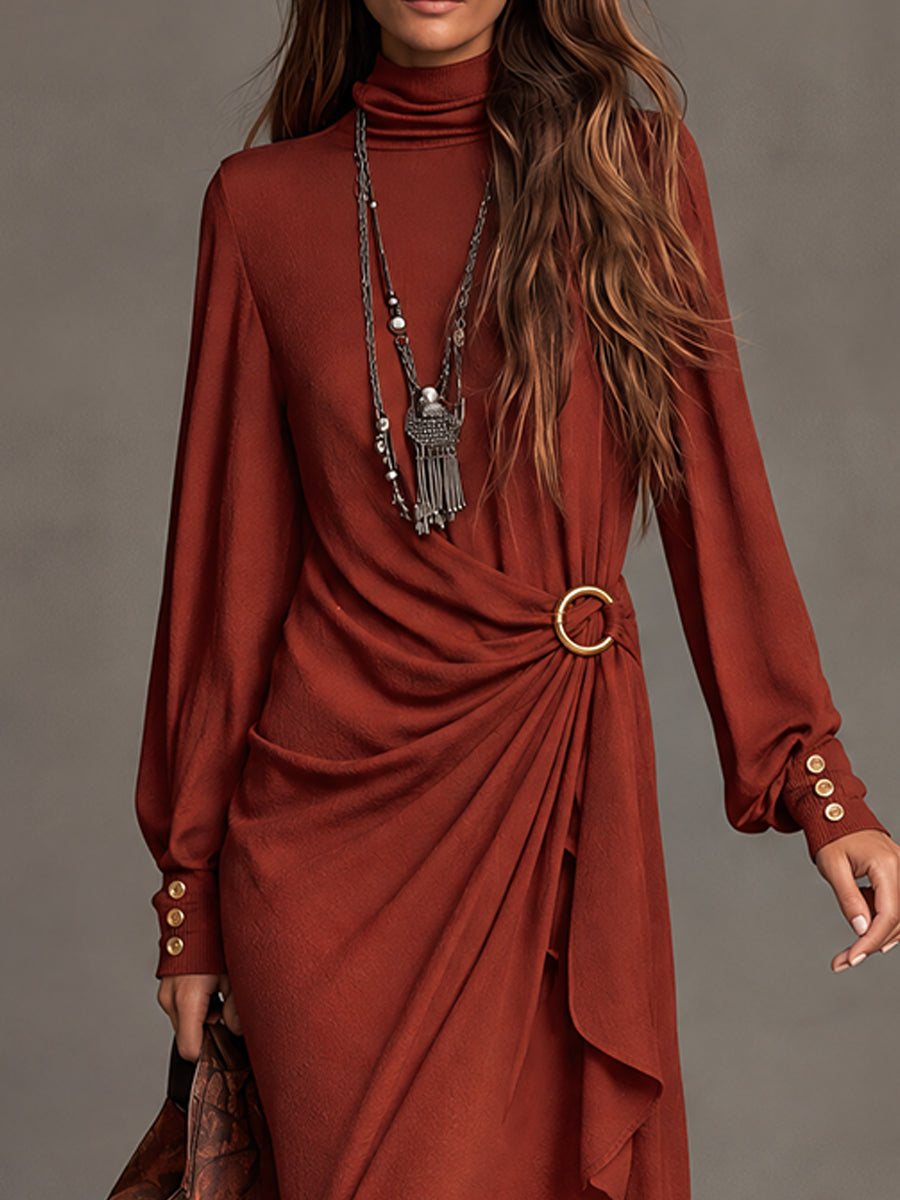 Rust Bohemian Draped Buckle-Waist Dress