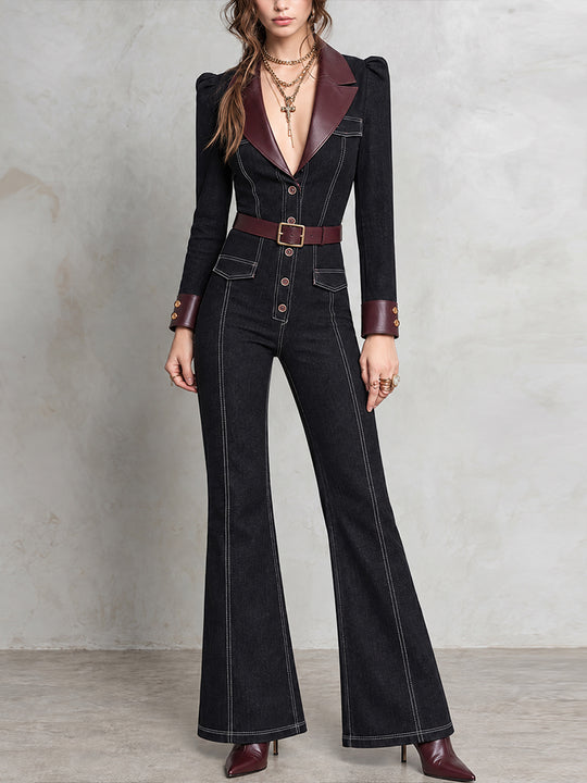 Black Nomad Leather-Trim Flare Denim Jumpsuit