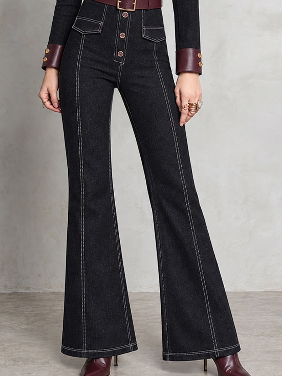 Black Nomad Leather-Trim Flare Denim Jumpsuit