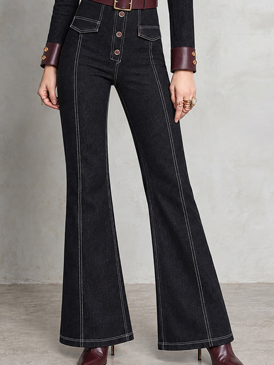 Black Nomad Leather-Trim Flare Denim Jumpsuit