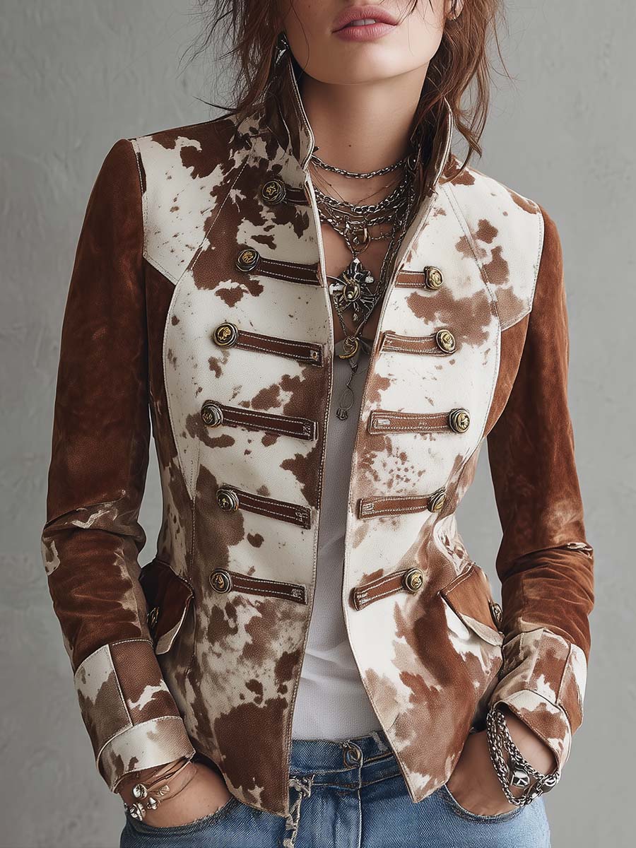 Cow-print Polyester Suede Jacket