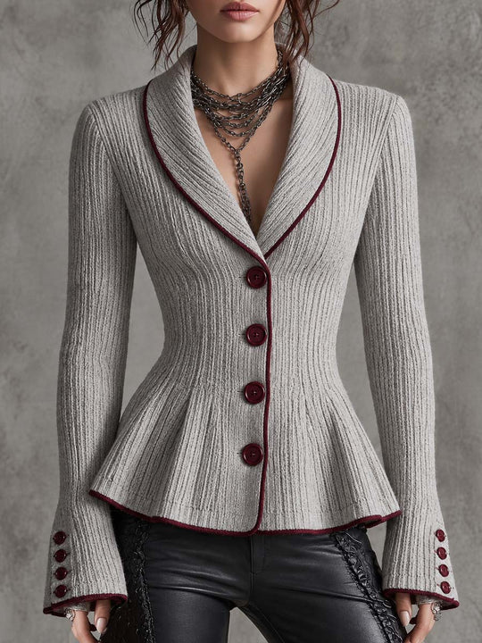 Ribbed Knit Jacket With Contrast Trim And Peplum Hem