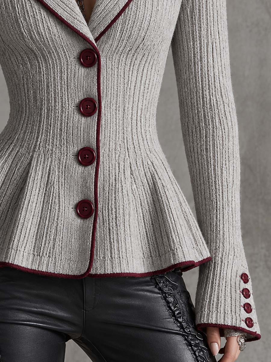 Ribbed Knit Jacket With Contrast Trim And Peplum Hem