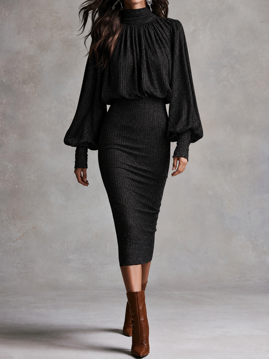 Black Mock Neck Bishop Sleeve Glitter Knit Bishop Sleeve Midi Dress