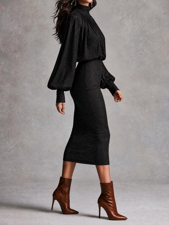 Black Mock Neck Bishop Sleeve Glitter Knit Bishop Sleeve Midi Dress