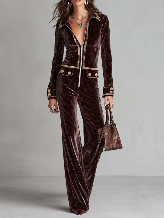 Retro Corduroy Jumpsuit With Gold-trimmed Zip-up Jacket And Flared Trousers