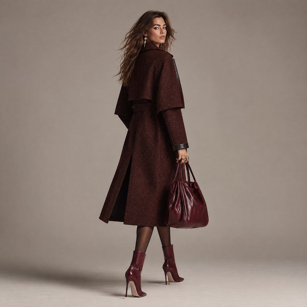 Elegant Wool Blend Trench Coat With Faux Leather Trim