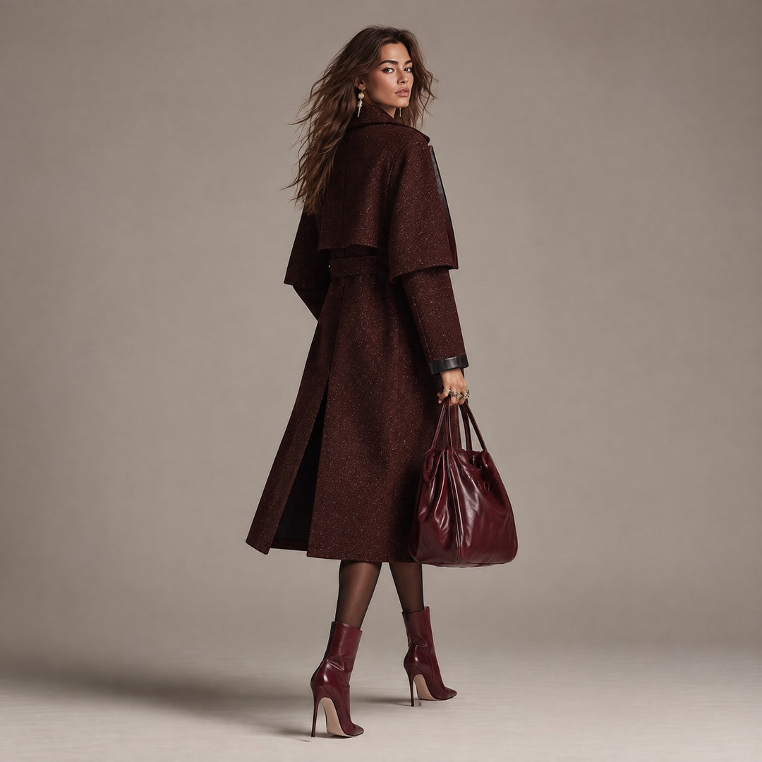 Elegant Wool Blend Trench Coat With Faux Leather Trim