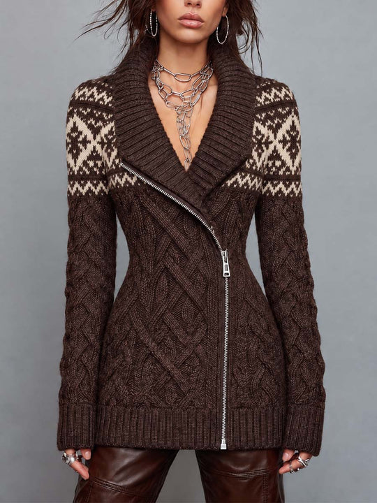 Vintage Fair Isle Cable Knit Zip-Front Sweater Coat