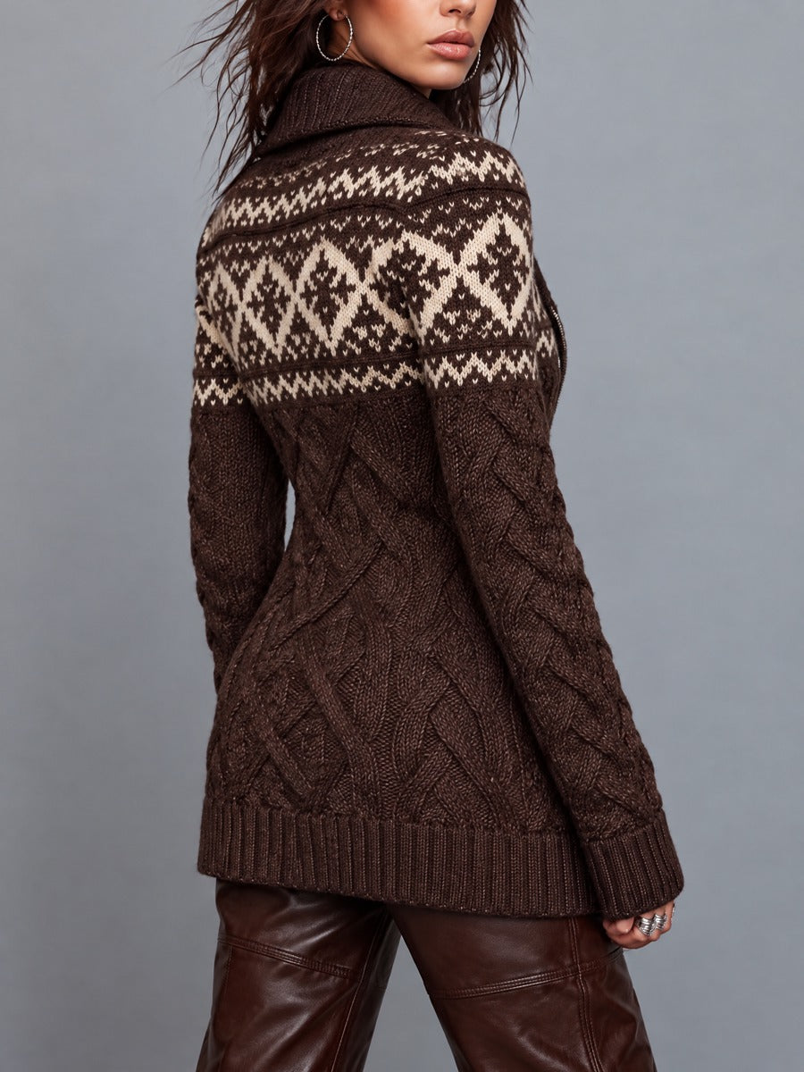 Vintage Fair Isle Cable Knit Zip-Front Sweater Coat