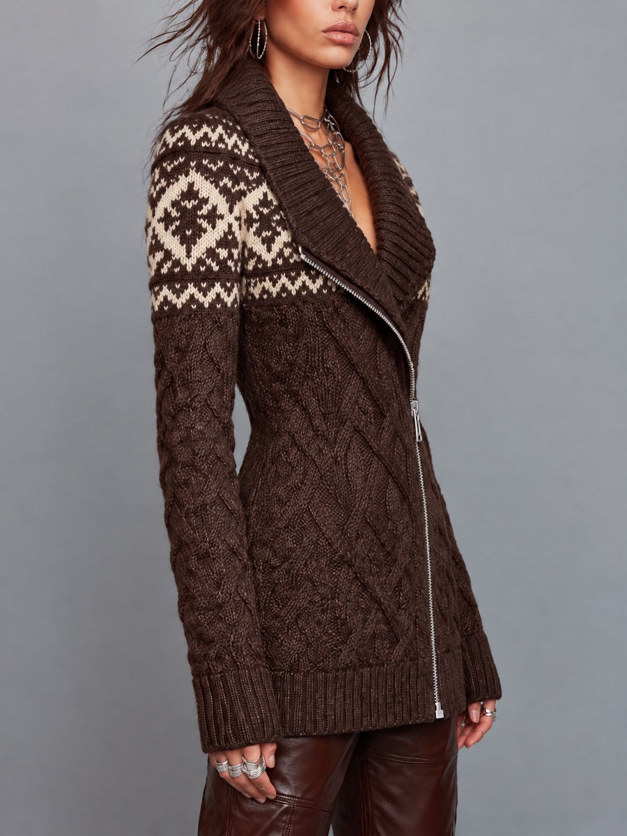 Vintage Fair Isle Cable Knit Zip-Front Sweater Coat