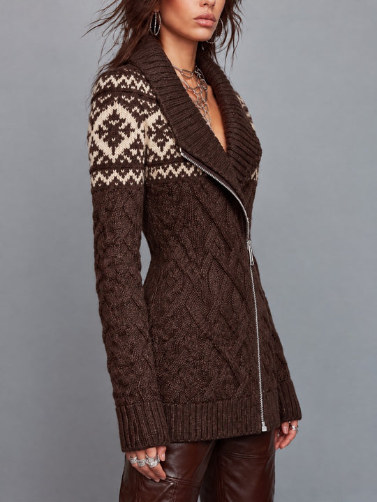 Vintage Fair Isle Cable Knit Zip-Front Sweater Coat