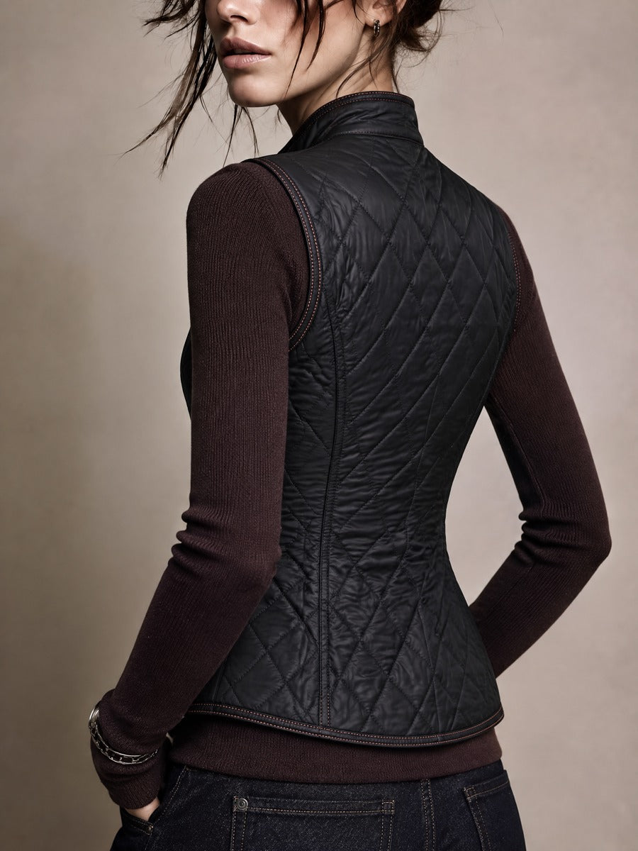 Women's Asymmetrical Metal Buttons Placket Quilted Diamond-Stitch Vest
