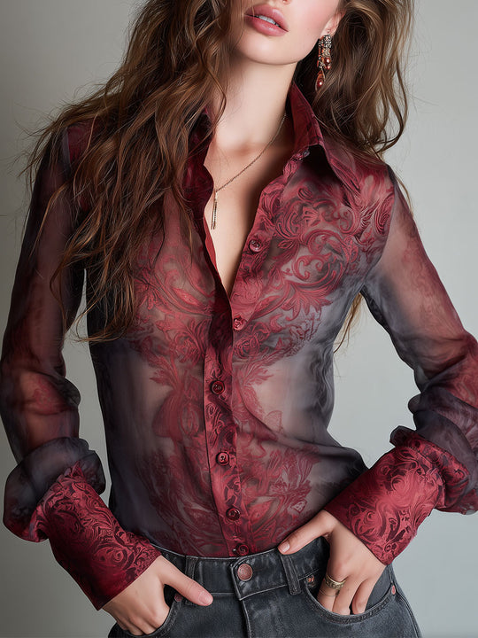 Vintage Damask Print Long-sleeved Single-breasted Tencel Blouse