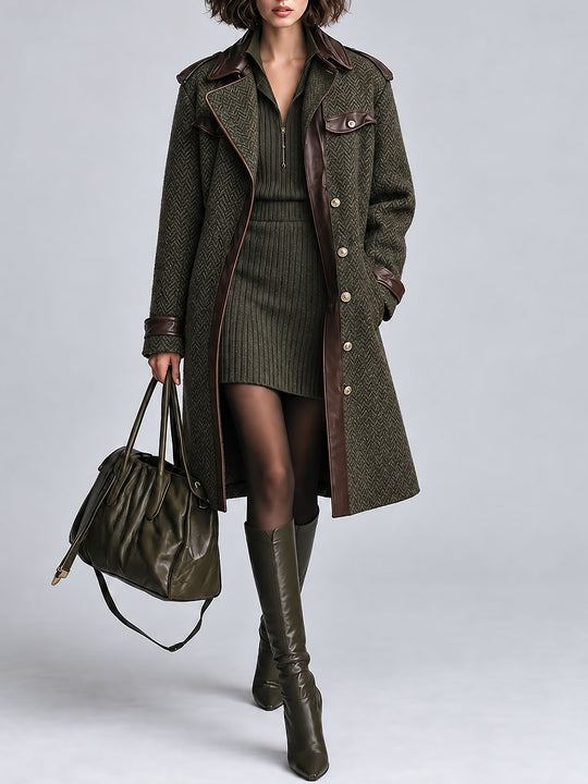 Vintage Straight-cut Mid-length Herringbone Wool-blend Coat With PU Paneling
