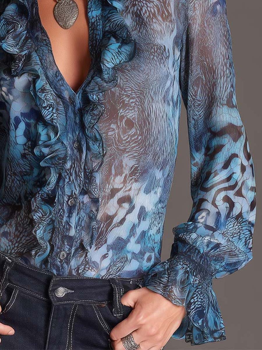 Retro Butterfly Floral Print Chiffon Ruffled Blouse