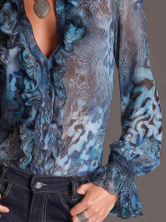 Retro Butterfly Floral Print Chiffon Ruffled Blouse
