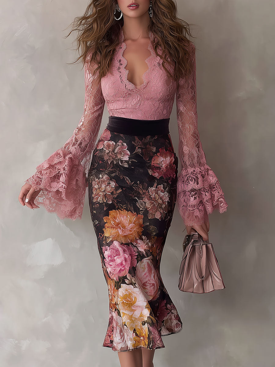 Elegant Lace Top With Flared Sleeves & Vintage Oil Painting Print Velvet Midi Skirt Set