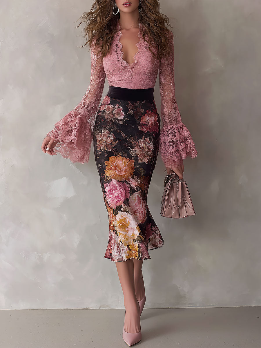 Elegant Lace Top With Flared Sleeves & Vintage Oil Painting Print Velvet Midi Skirt Set