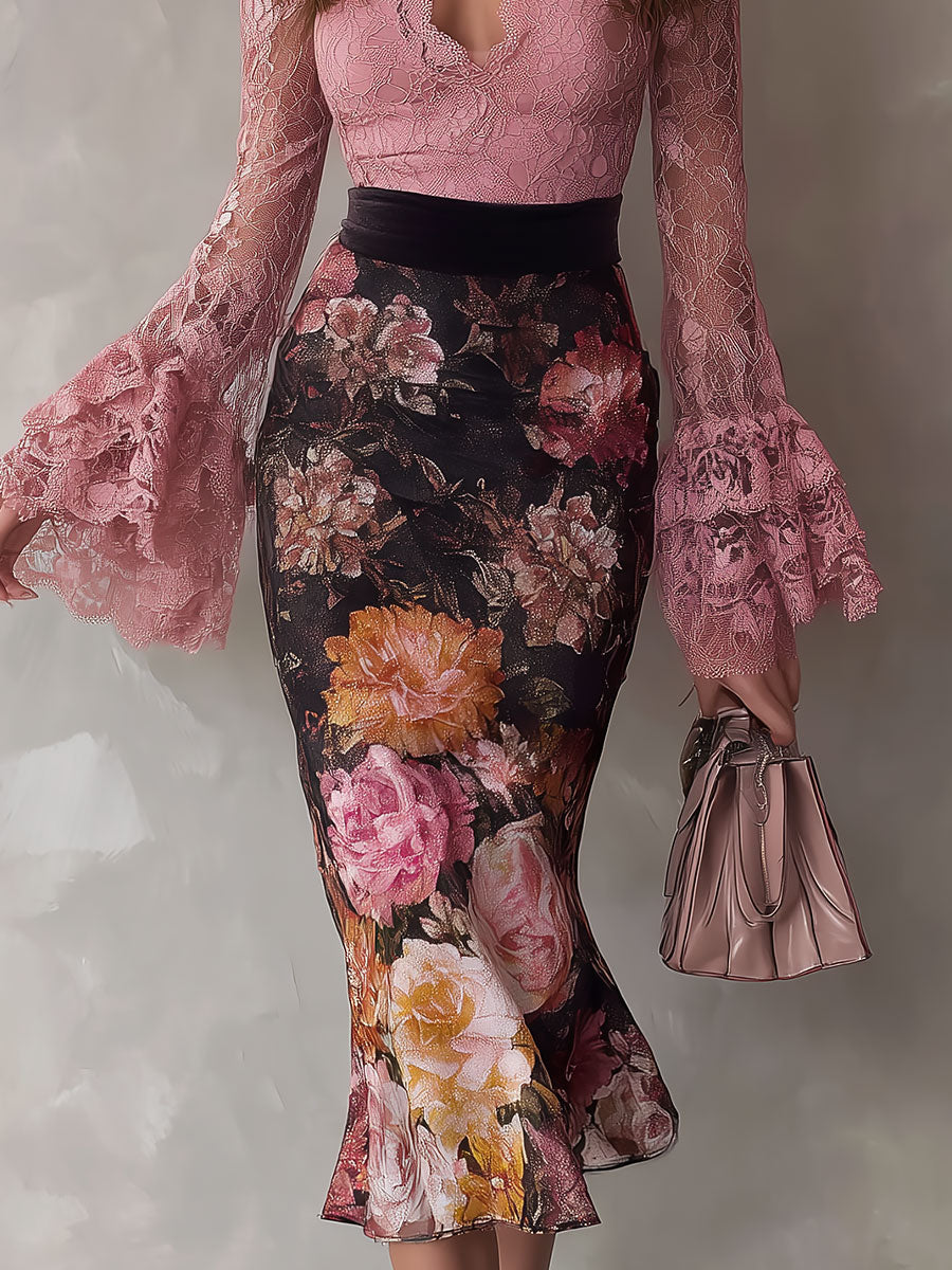 Elegant Lace Top With Flared Sleeves & Vintage Oil Painting Print Velvet Midi Skirt Set