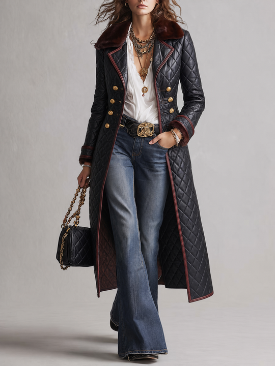 Women's Quilted Faux Leather Long Trench Coat with Faux Fur Collar