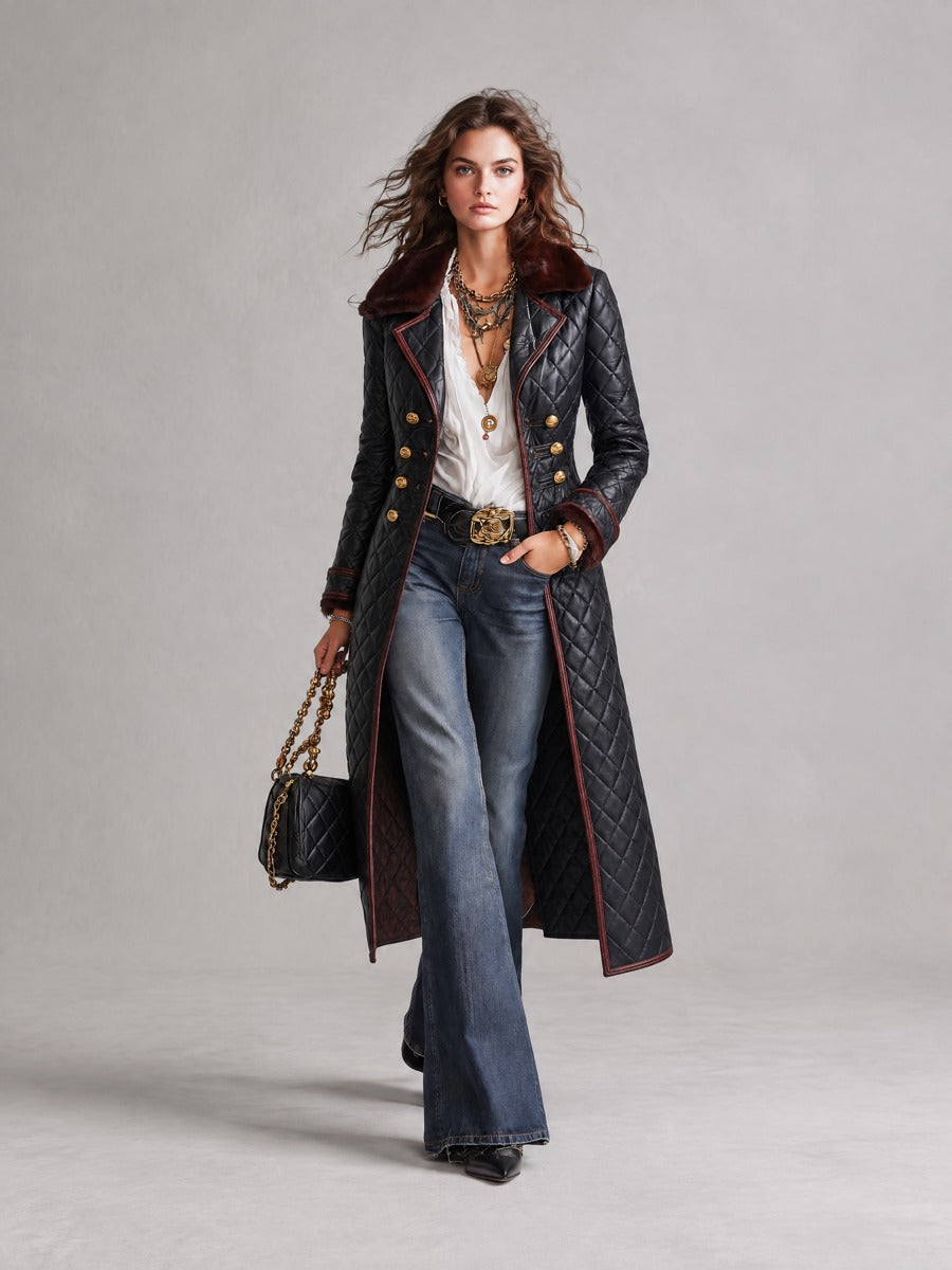 Women's Quilted Faux Leather Long Trench Coat with Faux Fur Collar